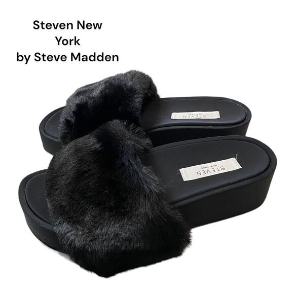 STEVEN NEW YORK by STEVE MADDEN Raine Black Slide Fur Platform Sandals NEW 6.5 - Picture 1 of 4
